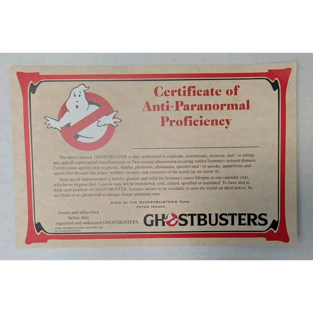 VINTAGE GHOSTBUSTERS CERTIFICATE OF ANTI-PARANORMAL PROFICIENCY & PETER MOSEN 84